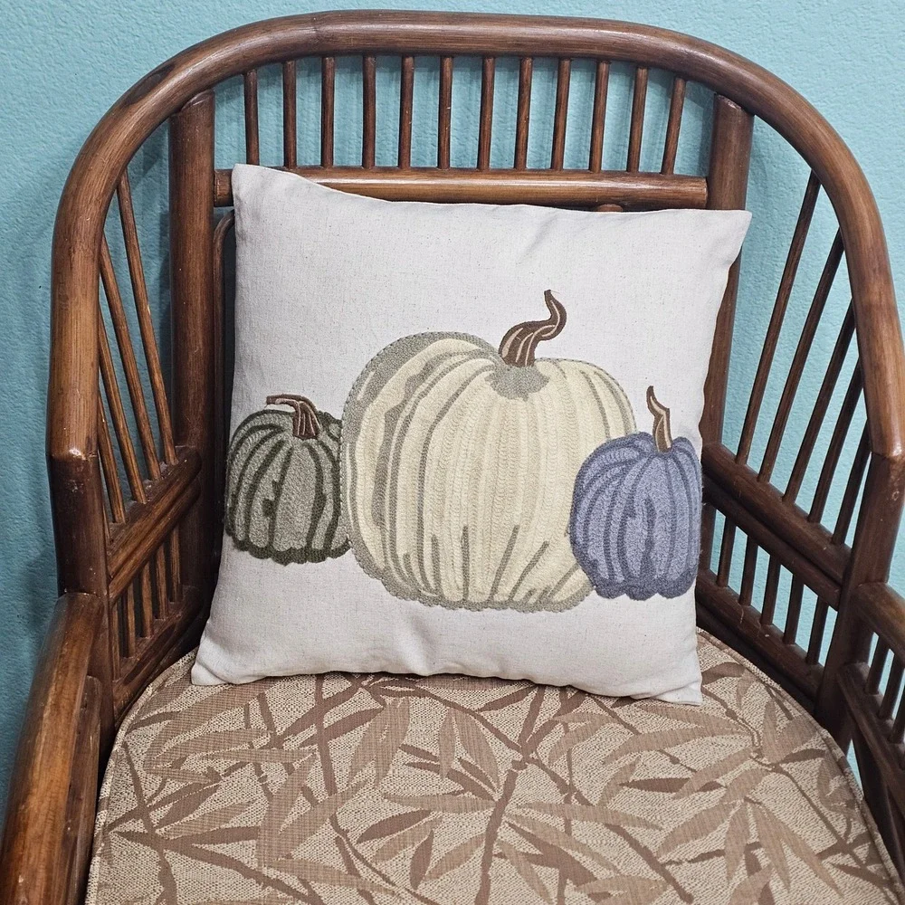 Pier 1 Imports Embroidered Three Pumpkin Fall Throw Pillow Cream Blue Sage 15x15